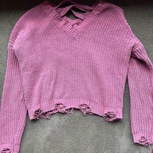 Women’s Pink Distressed V-Neck Knit Sweater